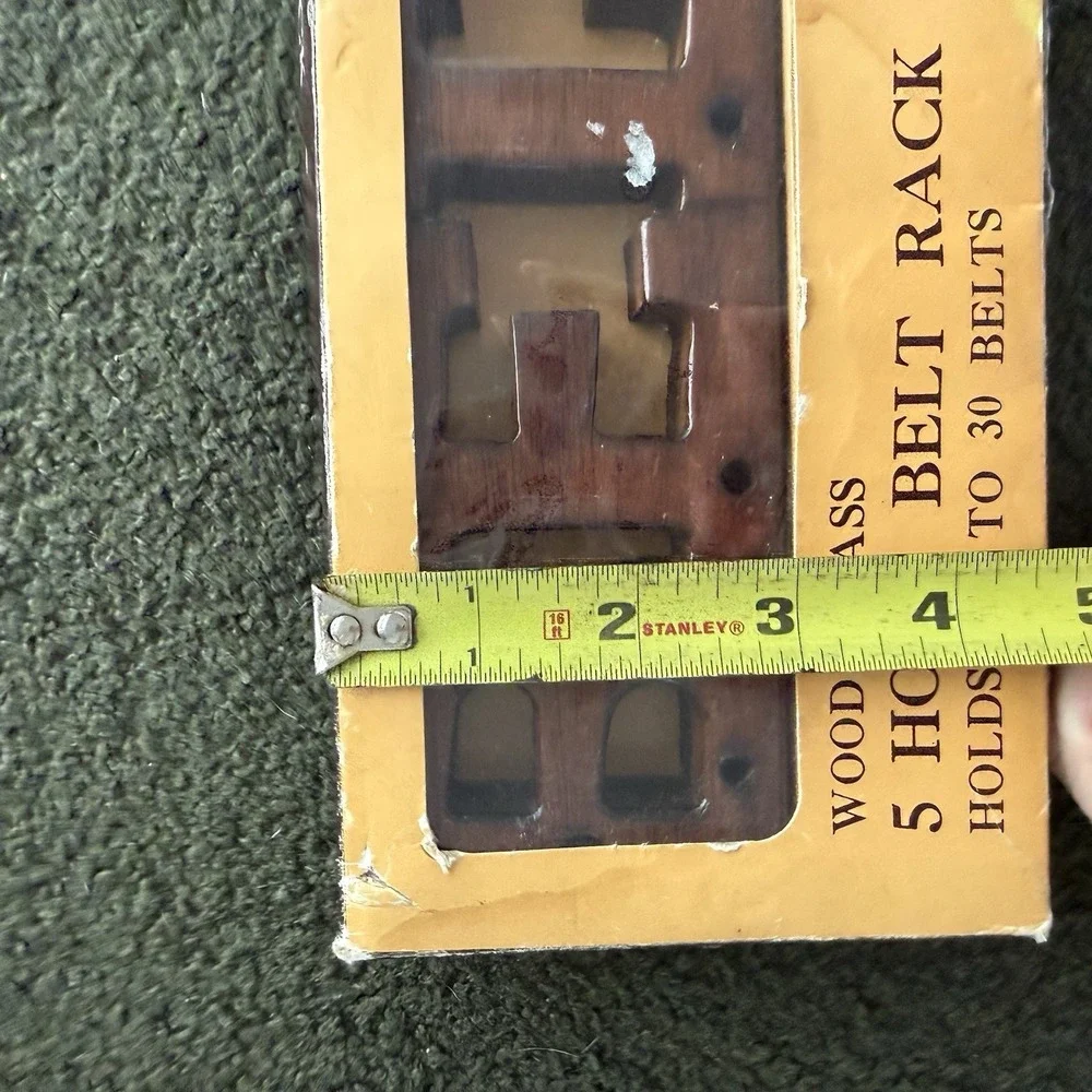 Vintage Brass And Wood Belt Holder Word NIP Belt Organizer 1970's
